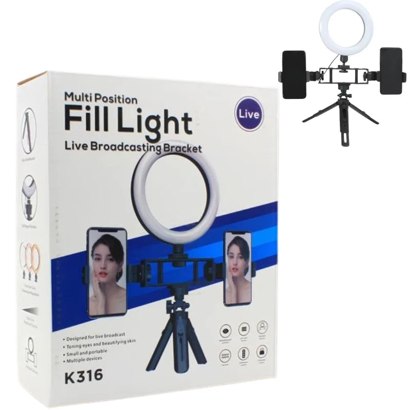 Multi-Position Ring Light with Dual Phone Clips