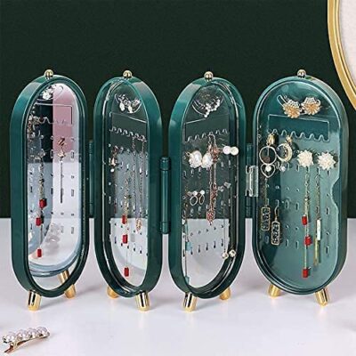 Jewelry Box Organizer with Mirror Foldable Dustproof Storage Case Large Capacity Earring Necklace Bracelet Holder Display Stand (Random Color)