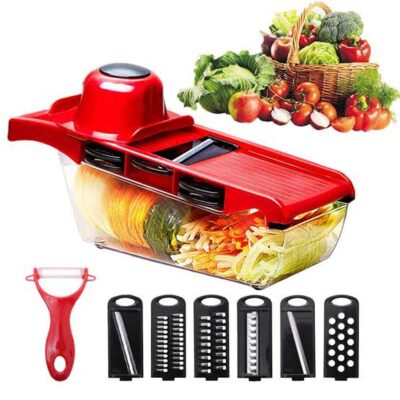 10-In-1 Mandoline Vegetable Slicer & Cutter – Multi-Function Kitchen Tool with Stainless Steel Blades, Peeler, Grater & Dicer | Manual Food Chopper (Pink with Storage Box)