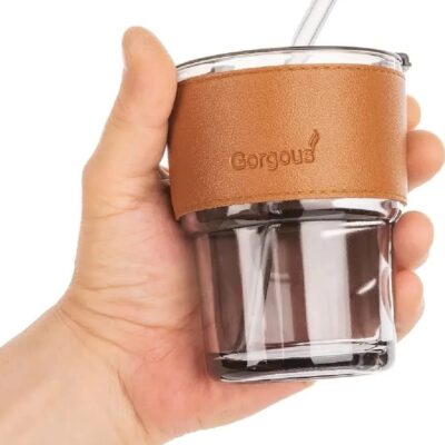 Reusable Coffee Mug With Straw – 300ml Leakproof Glass Cup with Heat-Resistant PU Leather Sleeve | Hot & Cold Drinks Travel Mug