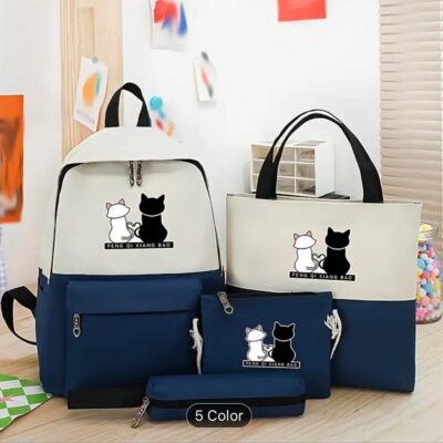 Cute Cat Print 5-in-1 School Bag Set for Girls – Backpack, Handbag, Crossbody Bag, Pencil Case & Lunch Bag Combo – Stylish Black & White Cat Design