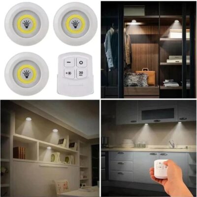 Pack of 3 LED Remote Control Tap Lights – Wireless Self-Adhesive Under Cabinet Lights with Remote – Battery Operated Night Lights for Wardrobe, Kitchen, Office & Home Use