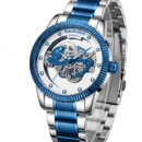 Luxury Skeleton Dial Quartz Watch For Men – Elegant Stainless Steel Wrist Watch Blue & Silver | Stylish Formal & Casual Men's Watch