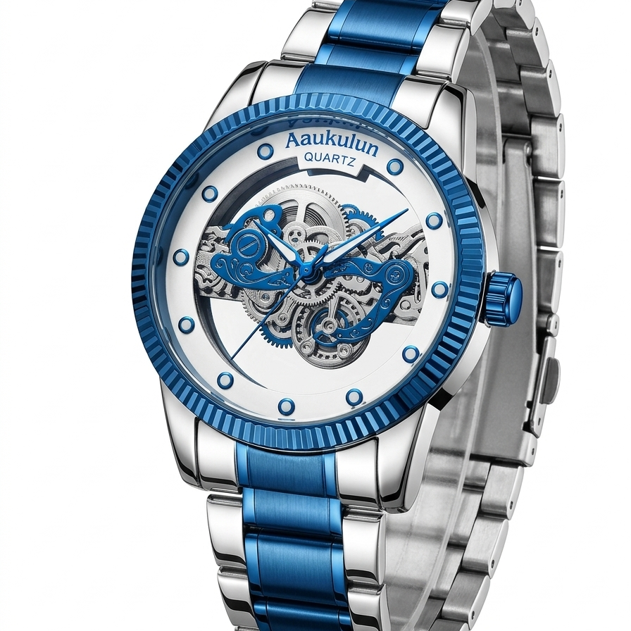 Luxury Skeleton Dial Quartz Watch For Men – Elegant Stainless Steel Wrist Watch Blue & Silver | Stylish Formal & Casual Men's Watch