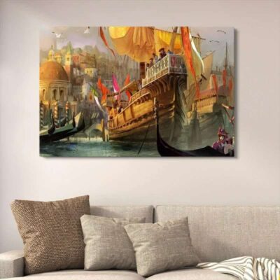 Venetian Merchant Ships Canvas Wall Art Painting – 12x16 Inches | Decorative Wall Décor with Double Tape for Easy Mounting