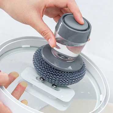Kitchen Soap Dispensing Palm Brush – Automatic Dish Scrubber With Built-In Soap Dispenser & Non-Scratch PET Bristles For Pots, Pans & Kitchen Cleaning