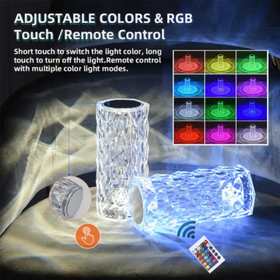Rose Diamond Crystal Table Lamp – 16 Color RGB LED Touch Sensor Light with Remote Control, USB Rechargeable Portable Night Lamp for Bedroom & Home Decor
