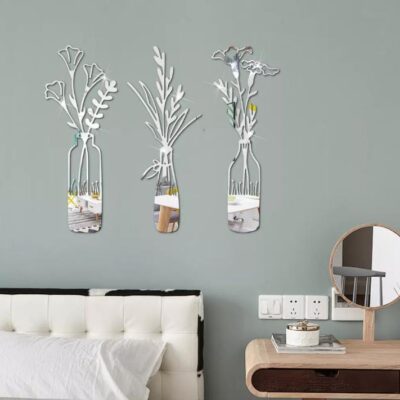 3 PCs Beautiful Acrylic Mirror Leaf Vase Wall Art Frame Set – Modern Golden Decorative Wall Frames for Living Room & Bedroom