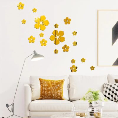 24 PCs Flower 2D Acrylic Wall Mirror Sticker – DIY Geometric Home Décor for Bedroom, Living Room & Kids Room | Golden & Silver