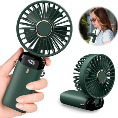 Digital Display Portable Mini Fan – 5 In 1 USB-C Rechargeable Handheld Cooling Fan with LED Display, Phone Holder & Adjustable Wind Speed