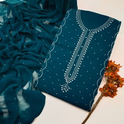 New Summer Collection 2026 – 3 Piece Embroidered Handcrafted Suit | Pure Lawn Fabric | Mukesh Gala Bail Style Shirt with Embroidered Chiffon Dupatta