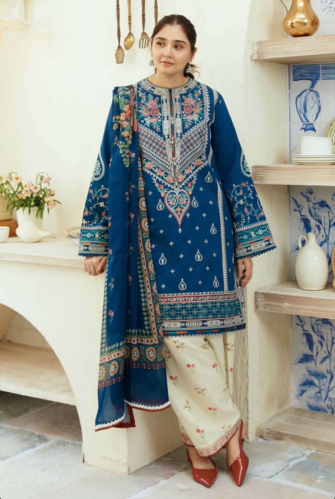 Luxury Shamoze Silk Digital Print 3 Piece Suit – Shirt, Trouser & Dupatta Elegant Ladies Dress Set