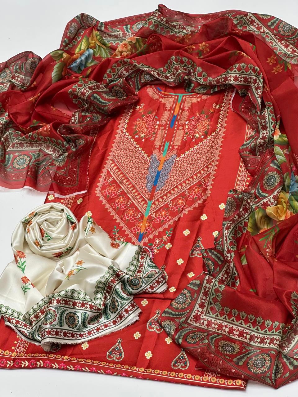 Luxury Shamoze Silk Digital Print 3 Piece Suit – Shirt, Trouser & Dupatta Elegant Ladies Dress Set - Image 10