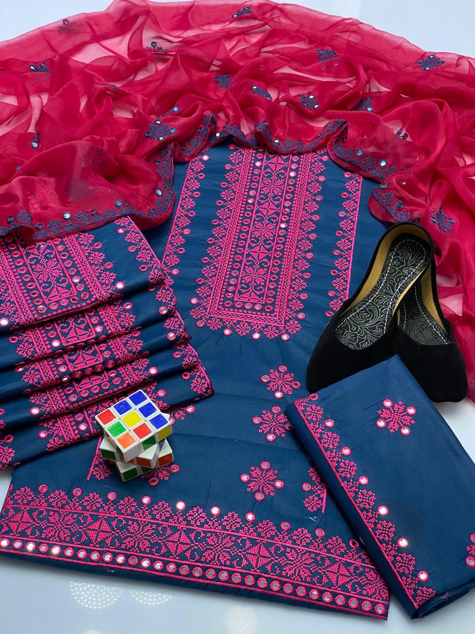 Stuff Lawn Cotton 3 Piece Suit with 9MM Plastic Mirror Embroidery Chiffon Dupatta & Heavy Embroidered Trouser for Women - Image 2