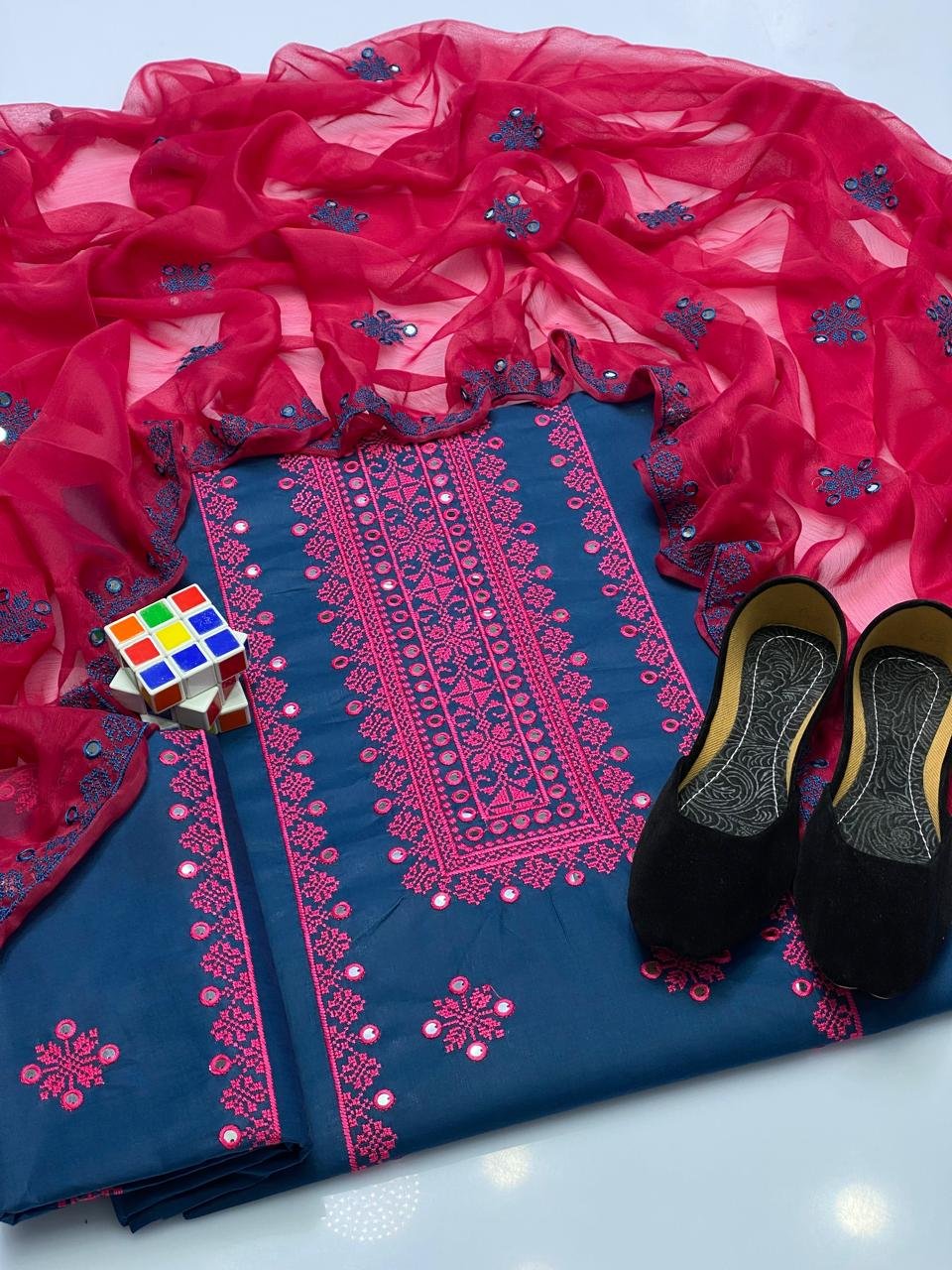 Stuff Lawn Cotton 3 Piece Suit with 9MM Plastic Mirror Embroidery Chiffon Dupatta & Heavy Embroidered Trouser for Women - Image 4