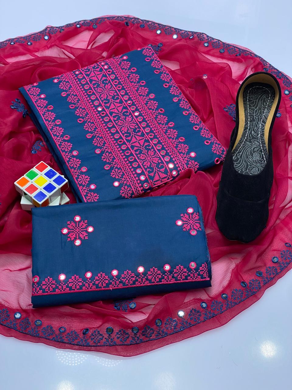 Stuff Lawn Cotton 3 Piece Suit with 9MM Plastic Mirror Embroidery Chiffon Dupatta & Heavy Embroidered Trouser for Women - Image 5