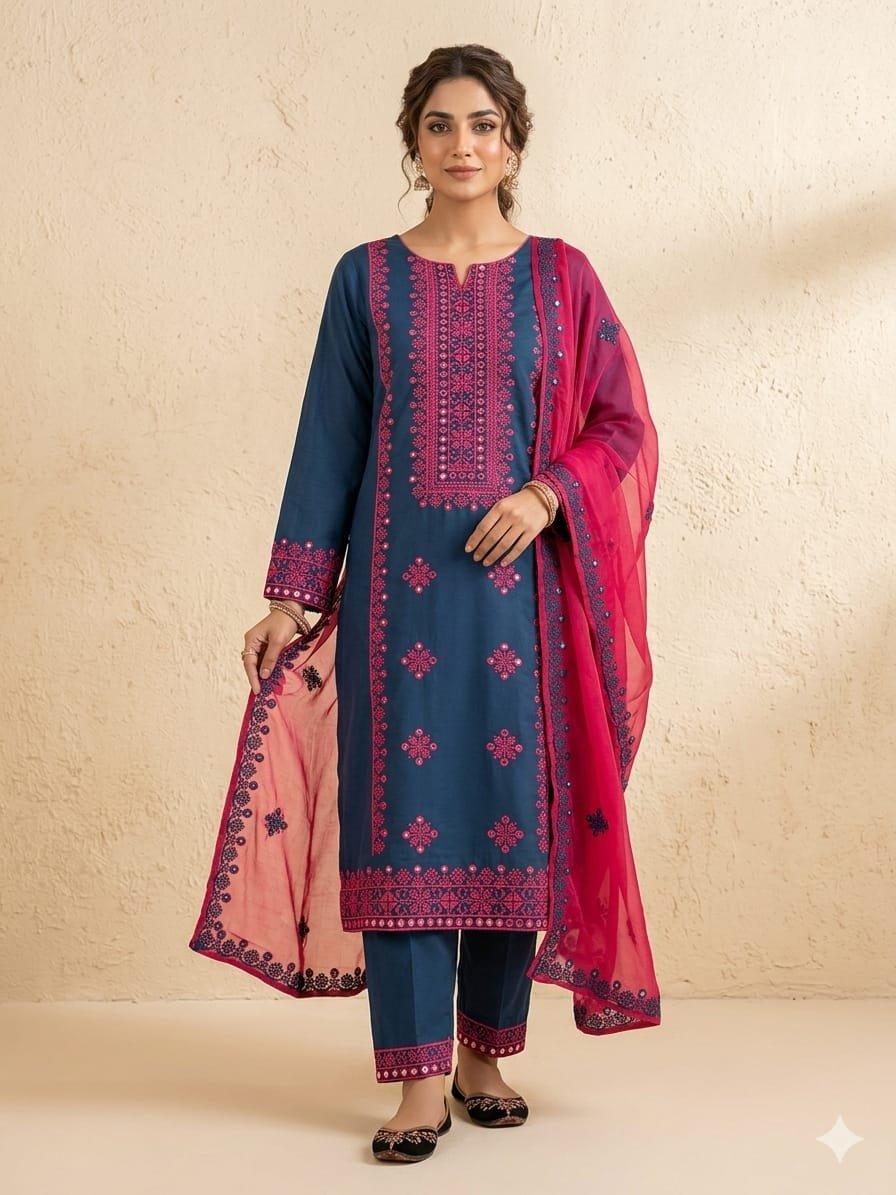 Stuff Lawn Cotton 3 Piece Suit with 9MM Plastic Mirror Embroidery Chiffon Dupatta & Heavy Embroidered Trouser for Women - Image 6