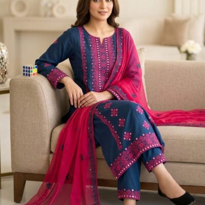 Stuff Lawn Cotton 3 Piece Suit with 9MM Plastic Mirror Embroidery Chiffon Dupatta & Heavy Embroidered Trouser for Women