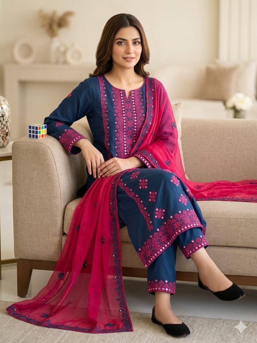 Stuff Lawn Cotton 3 Piece Suit with 9MM Plastic Mirror Embroidery Chiffon Dupatta & Heavy Embroidered Trouser for Women