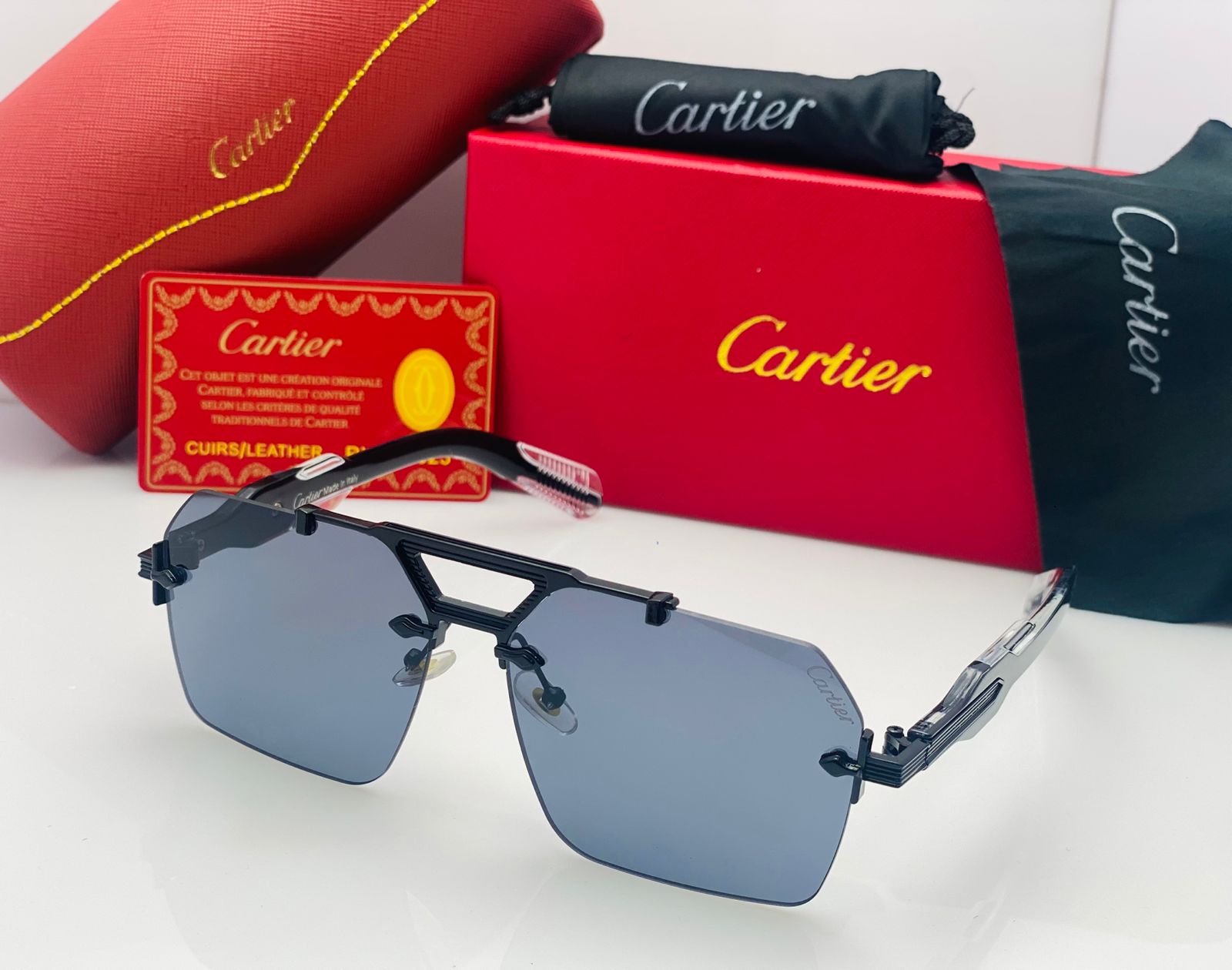 Cartier Luxury Rimless Square Sunglasses for Men & Women – Black Frame / Black Lens - Image 3