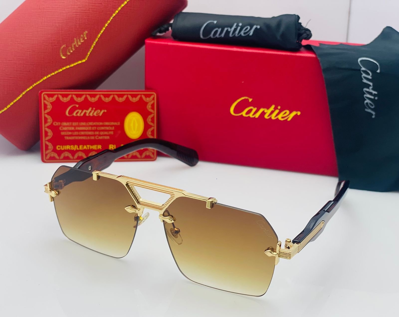 Cartier Luxury Rimless Square Sunglasses for Men & Women – Black Frame / Black Lens - Image 4