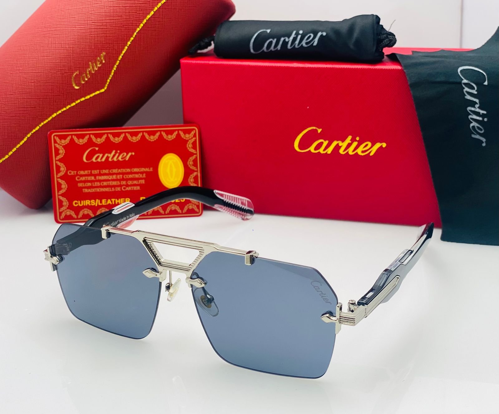 Cartier Luxury Rimless Square Sunglasses for Men & Women – Black Frame / Black Lens - Image 2