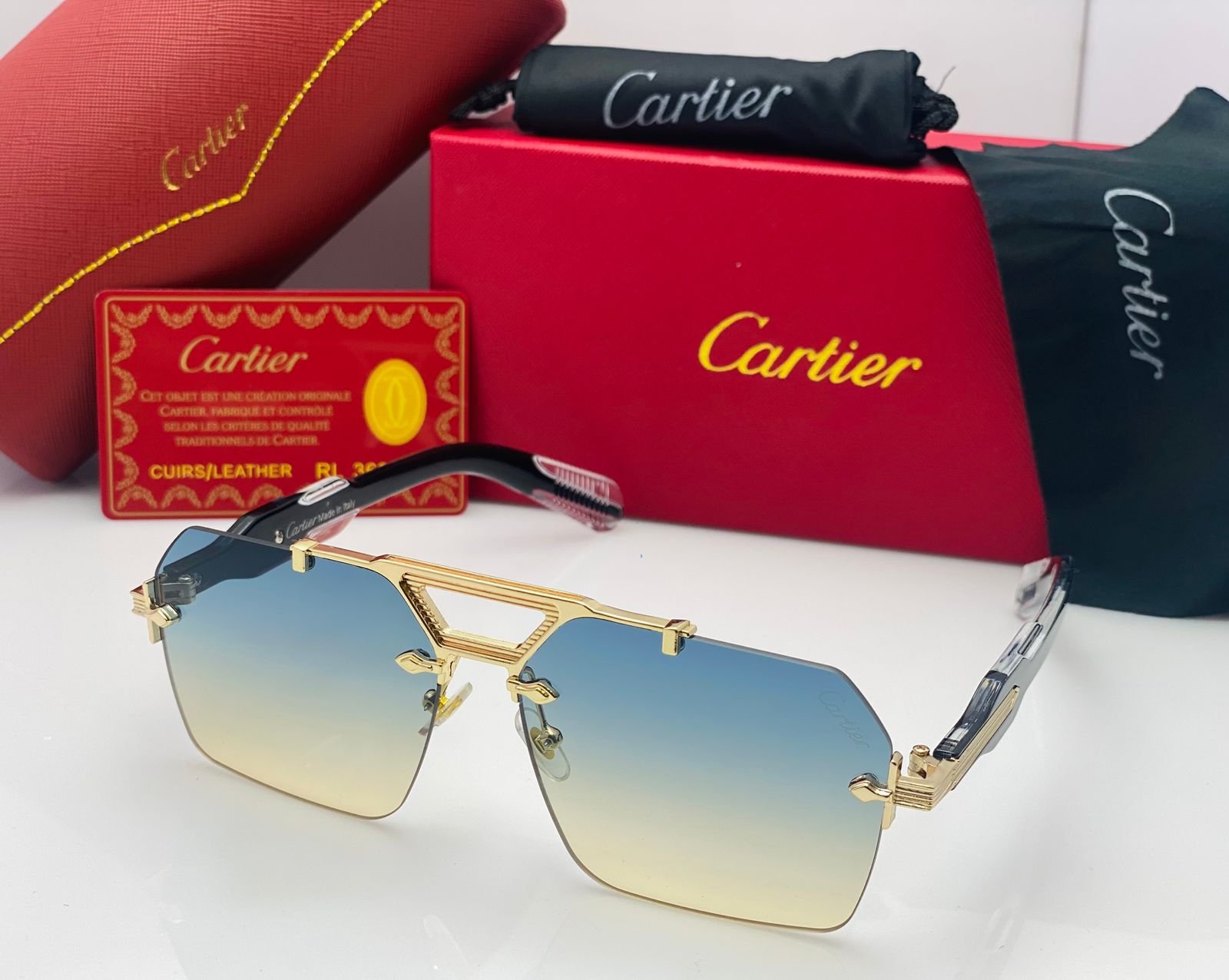 Cartier Luxury Rimless Square Sunglasses for Men & Women – Black Frame / Black Lens - Image 6