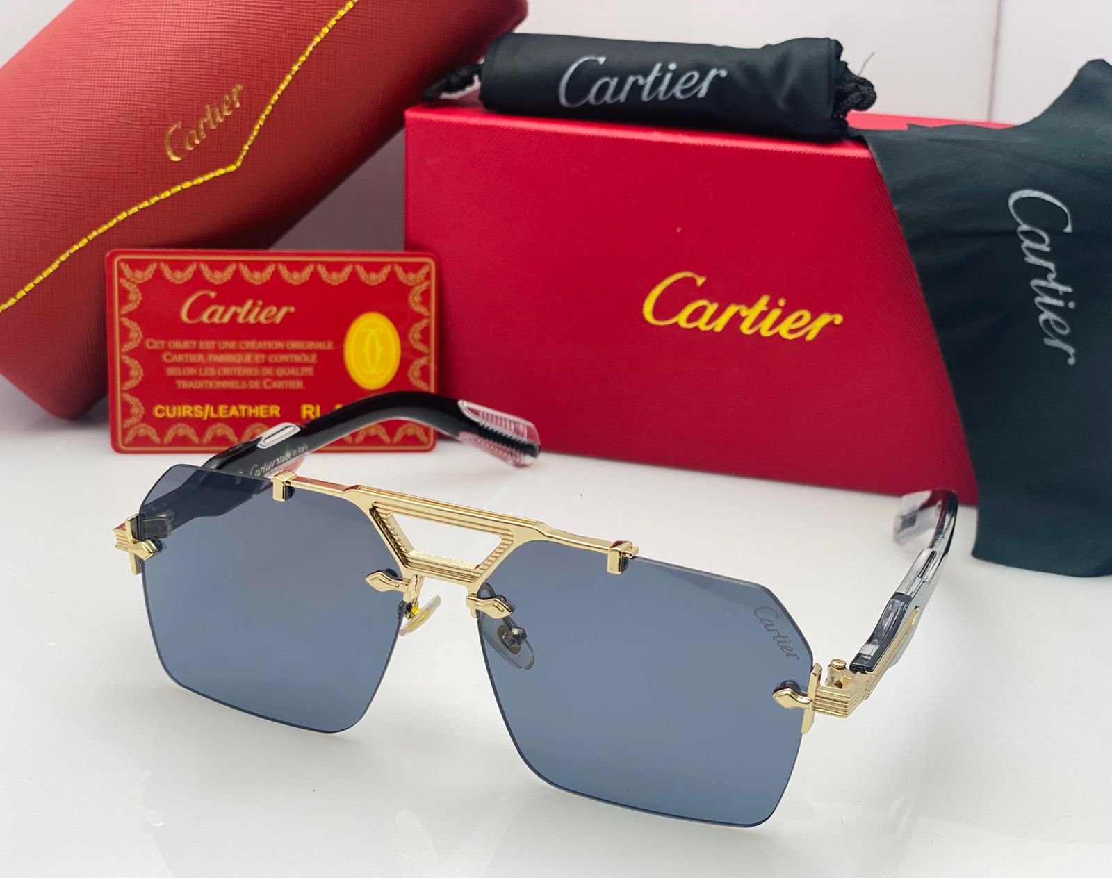 Cartier Luxury Rimless Square Sunglasses for Men & Women – Black Frame / Black Lens - Image 8